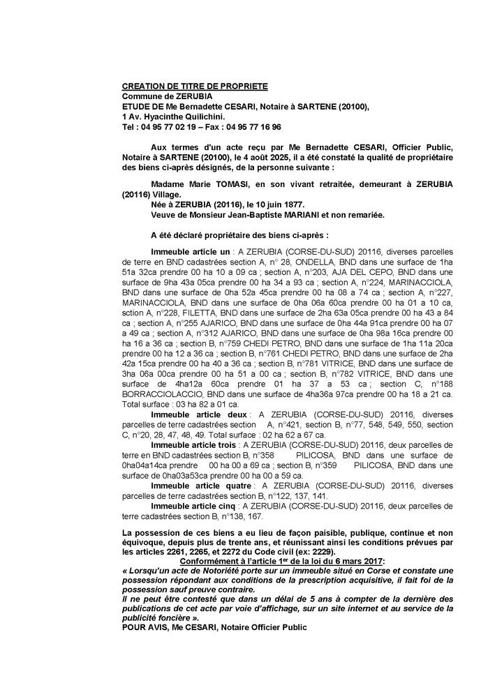 Avis de création de titre de propriété - Commune de Zirubia (Pumonti)