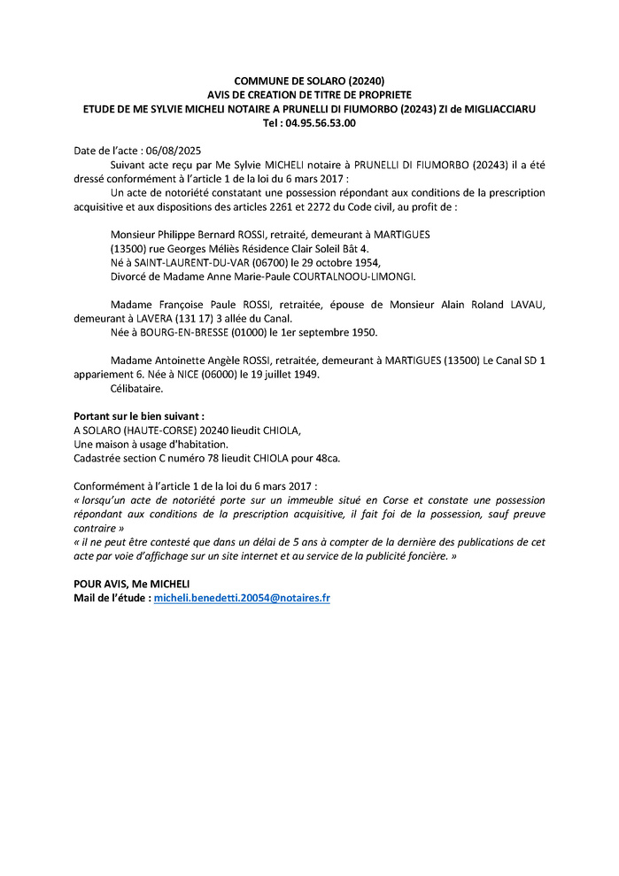 Avis de création de titre de propriété - Commune de U Sulaghju (Cismonte)