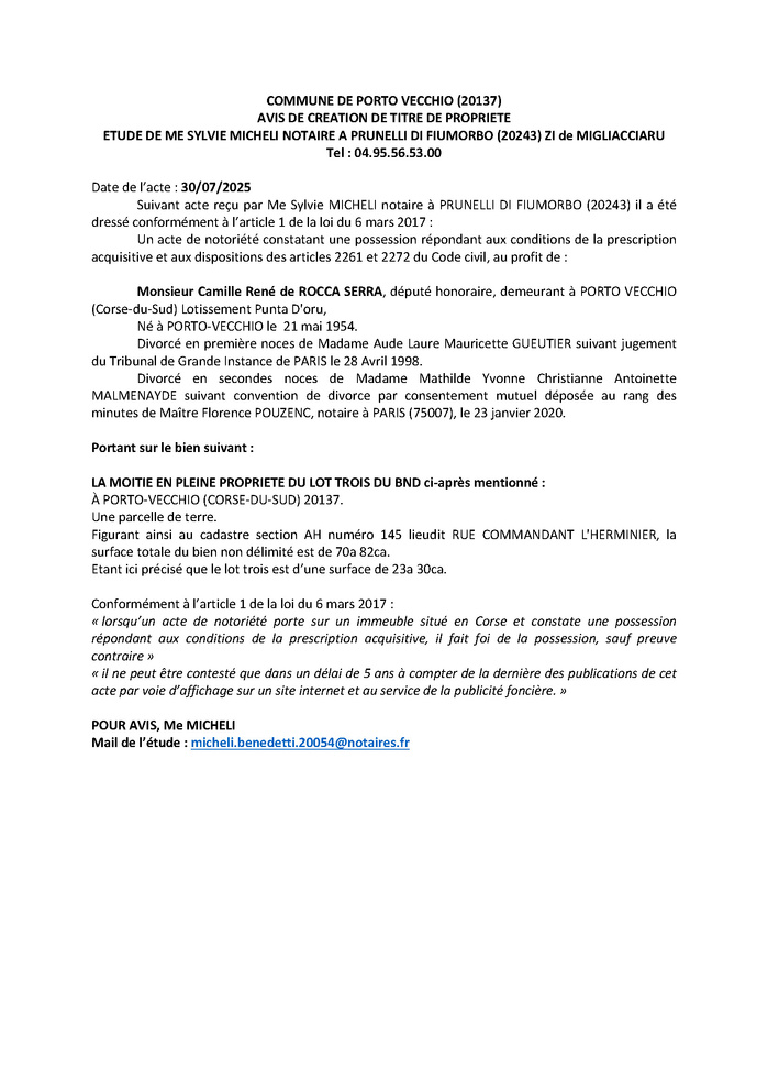 Avis de création de titre de propriété - Commune de Portivechju (Pumonti)