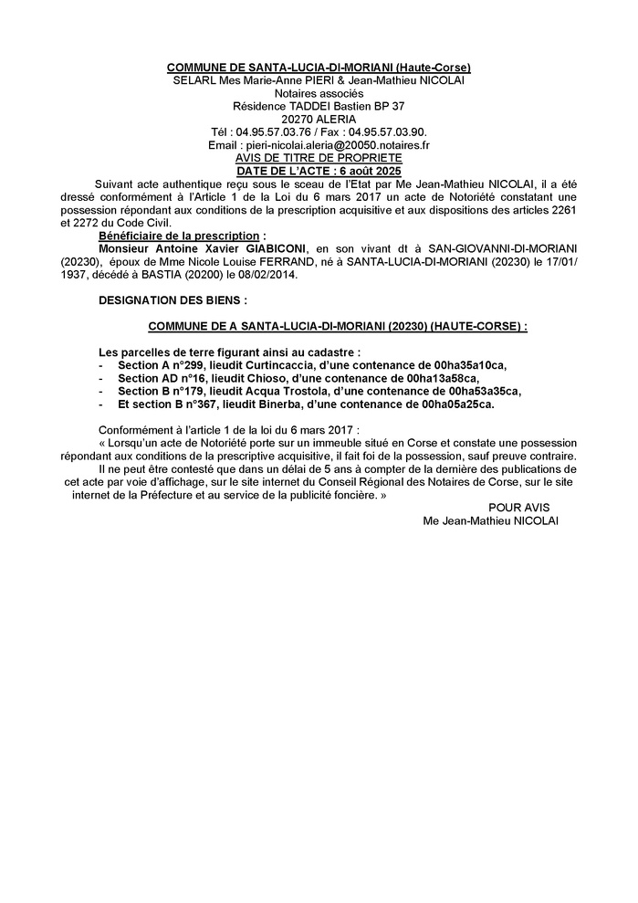 Avis de création de titre de propriété - Commune de Santa Lucia di Muriani (Cismonte)