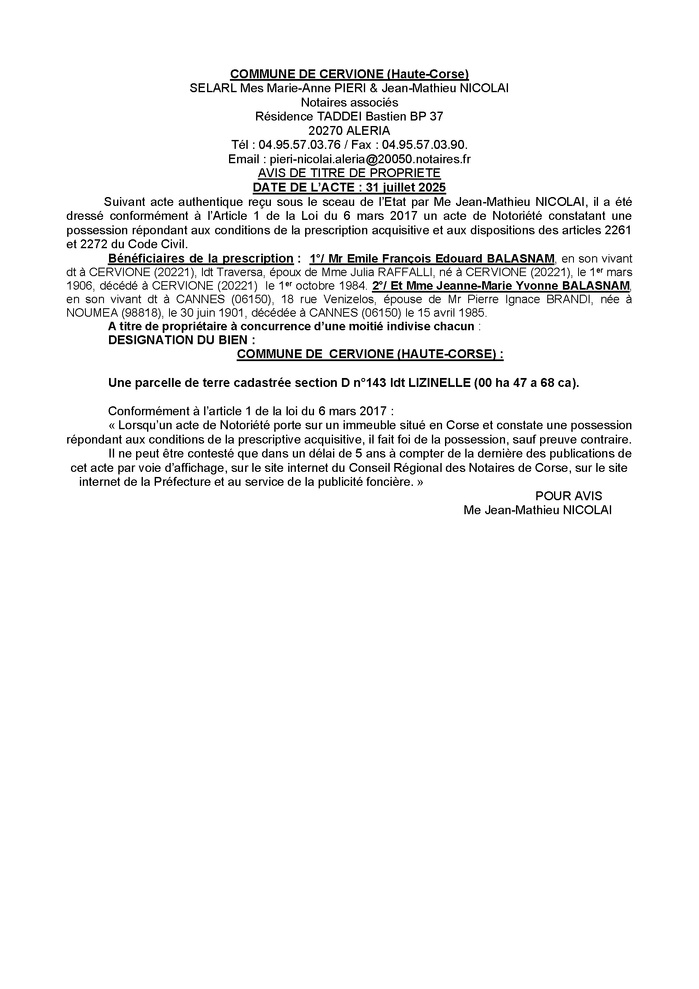 Avis de création de titre de propriété - Commune de Cervioni (Cismonte)