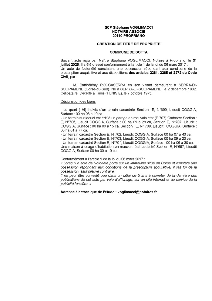Avis de création de titre de propriété - Commune de Sotta (Pumonti)