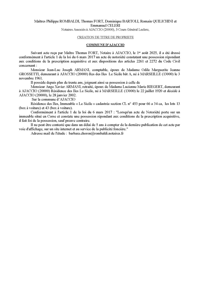 Avis de création de titre de propriété - Commune d'Aiacciu (Pumonti)