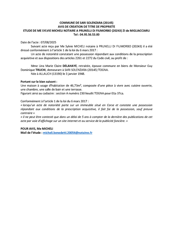 Avis de création de titre de propriété - Commune de Sari è Sulinzara (Pumonti) Avis de création de titre de propriété - Commune de Sari è Sulinzara (Pumonti)