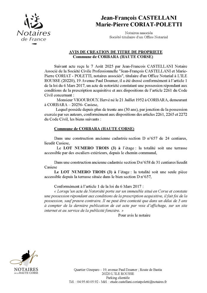Avis de création de titre de propriété - Commune d'A Curbaghja (Cismonte)