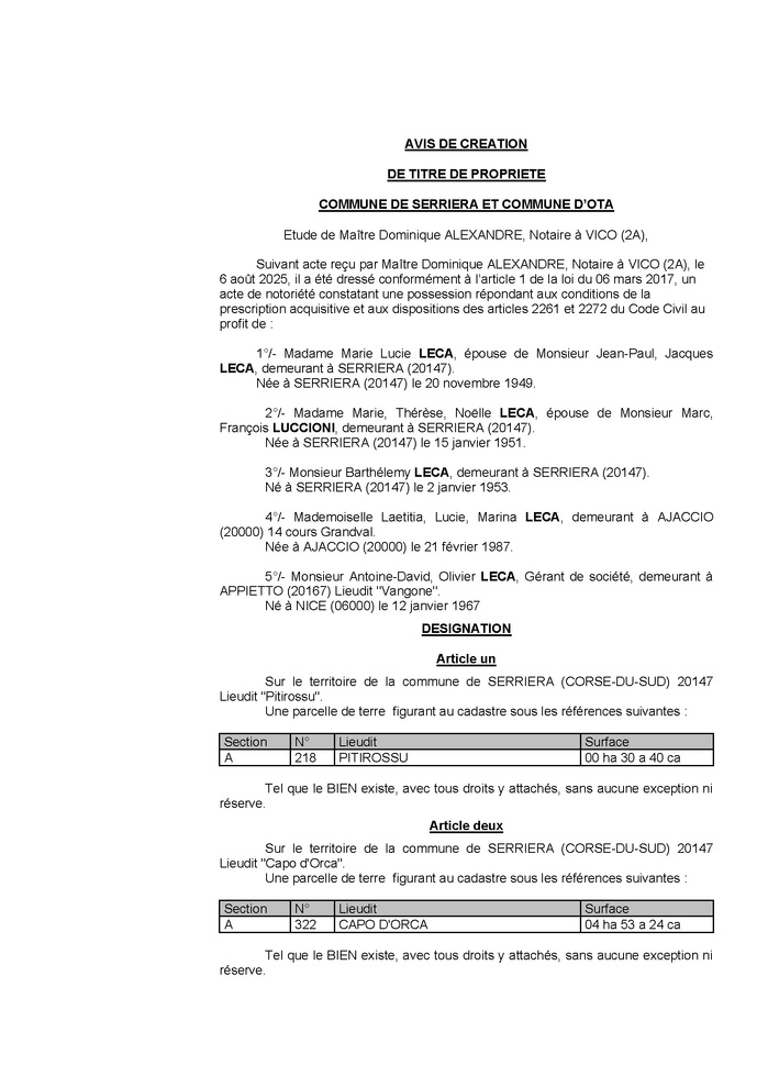 Avis de création de titre de propriété - Communes d'A Sarrera et d'Ota (Pumonti)