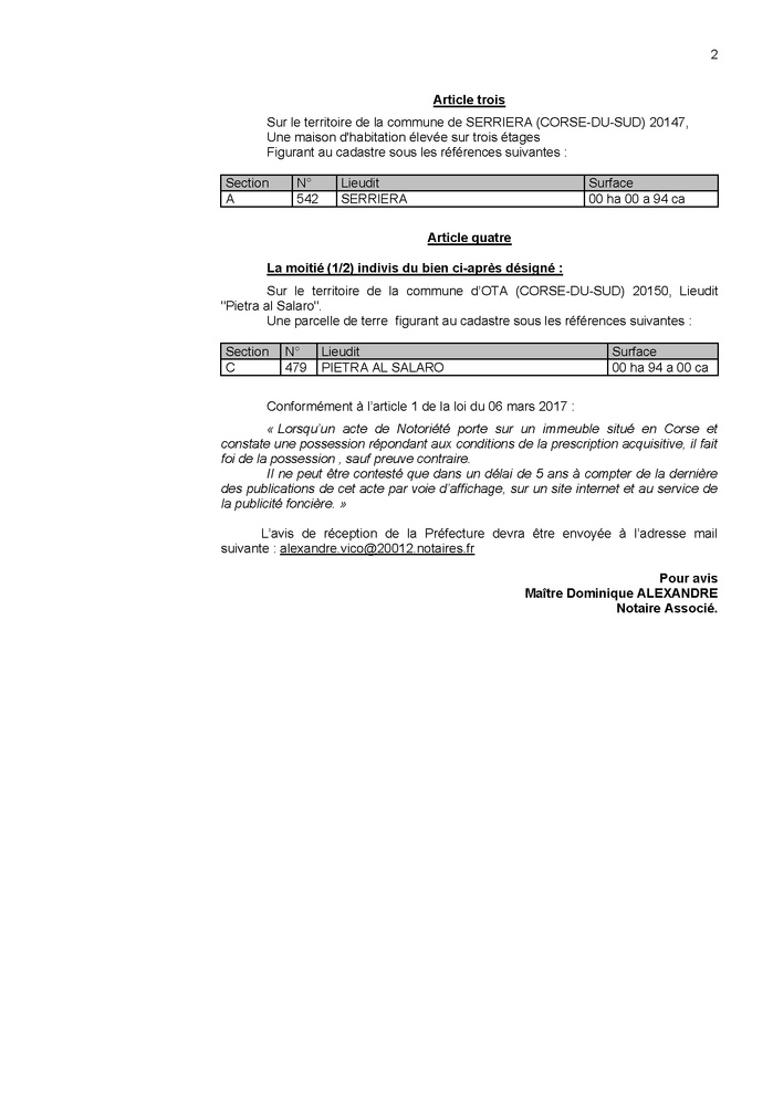 Avis de création de titre de propriété - Communes d'A Sarrera et d'Ota (Pumonti)