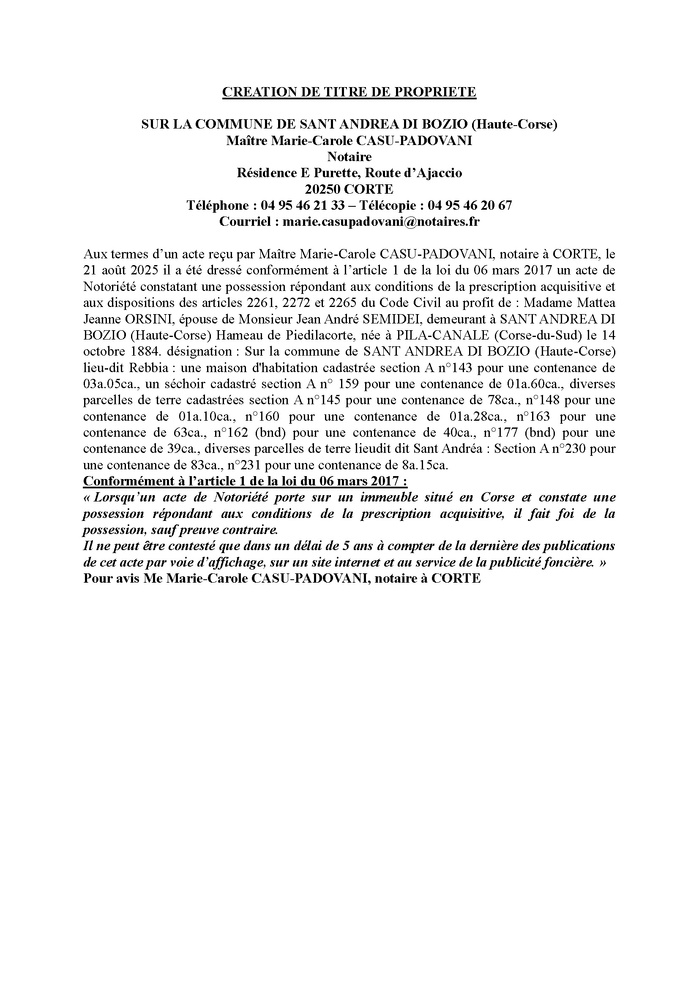Avis de création de titre de propriété - Commune de Sant'Andria di Boziu (Cismonte)