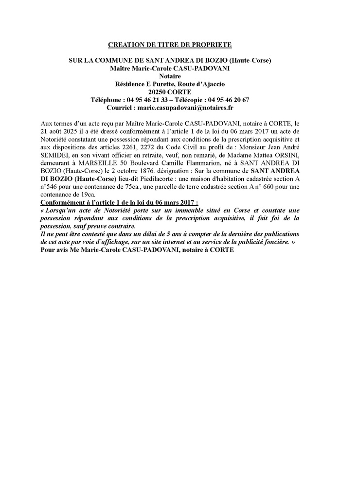 Avis de création de titre de propriété - Commune de Sant'Andria di Boziu (Cismonte)