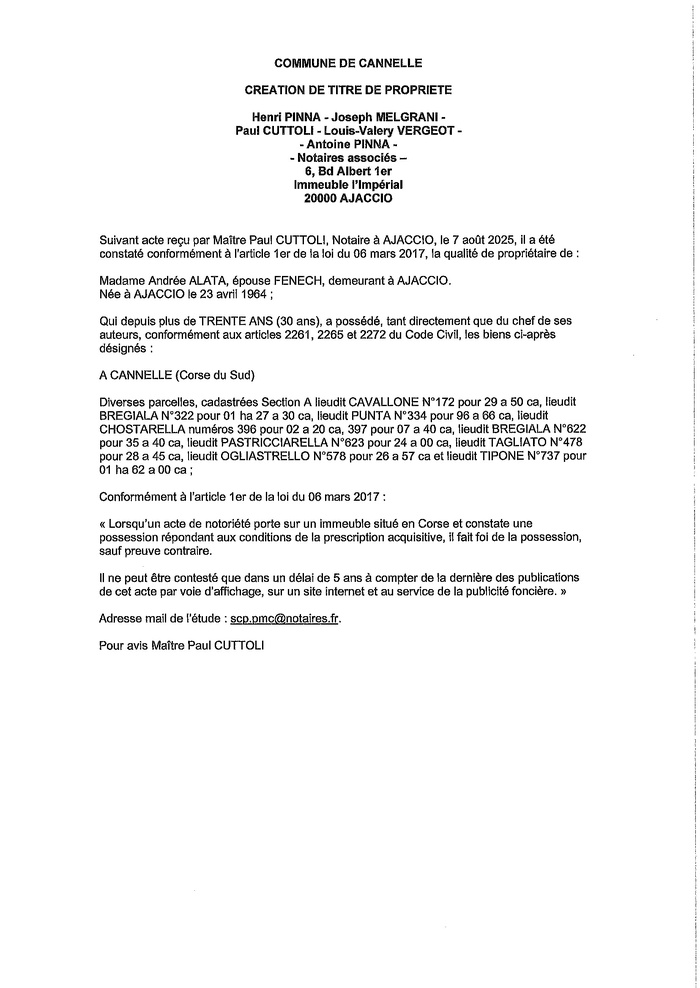 Avis de création de titre de propriété - Commune d'I Canneddi (Pumonti)