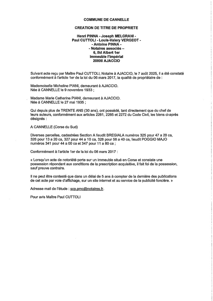 Avis de création de titre de propriété - Commune d'I Canneddi (Pumonti)