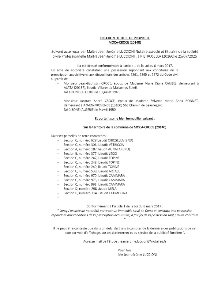 Avis de création de titre de propriété - Commune de Macà è Croci (Pumonti)