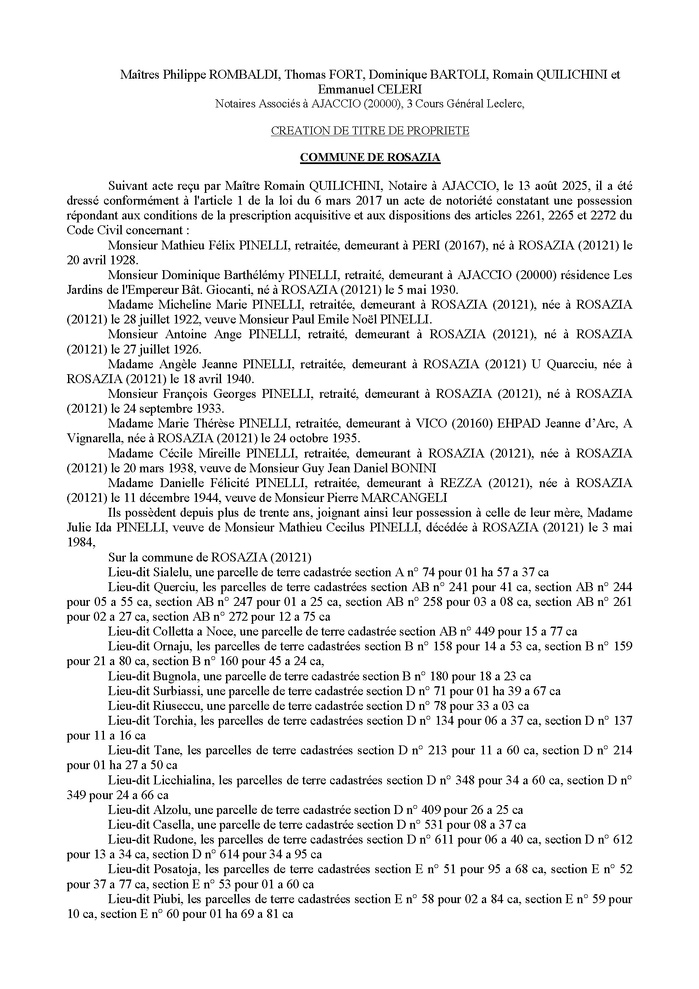 Avis de création de titre de propriété - Commune de Rusazia (Pumonti)