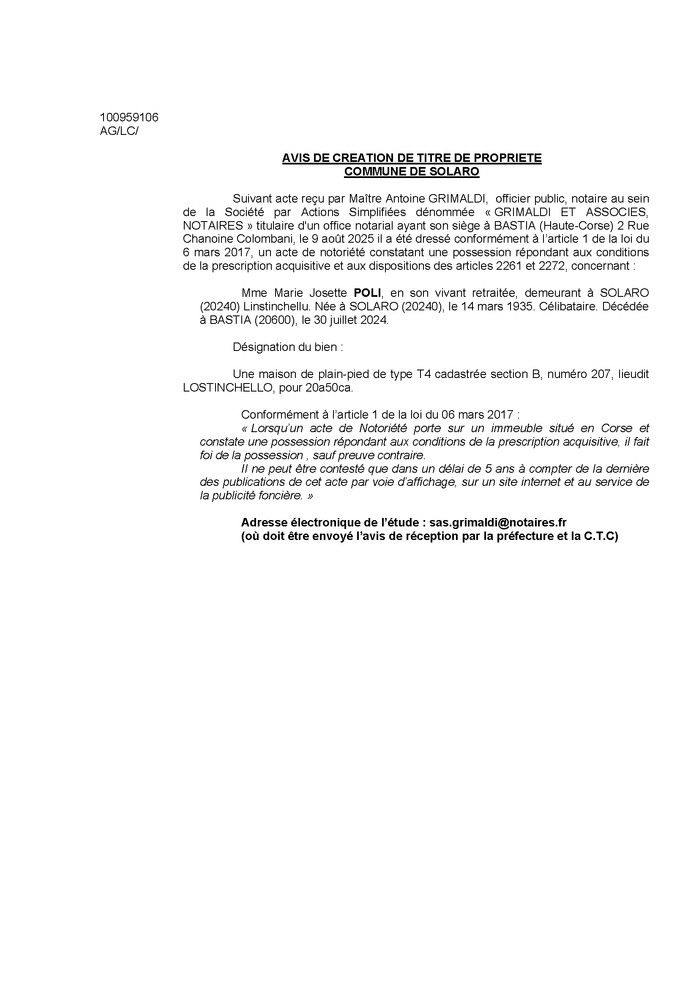 Avis de création de titre de propriété - Commune d'U Sulaghju (Cismonte)
