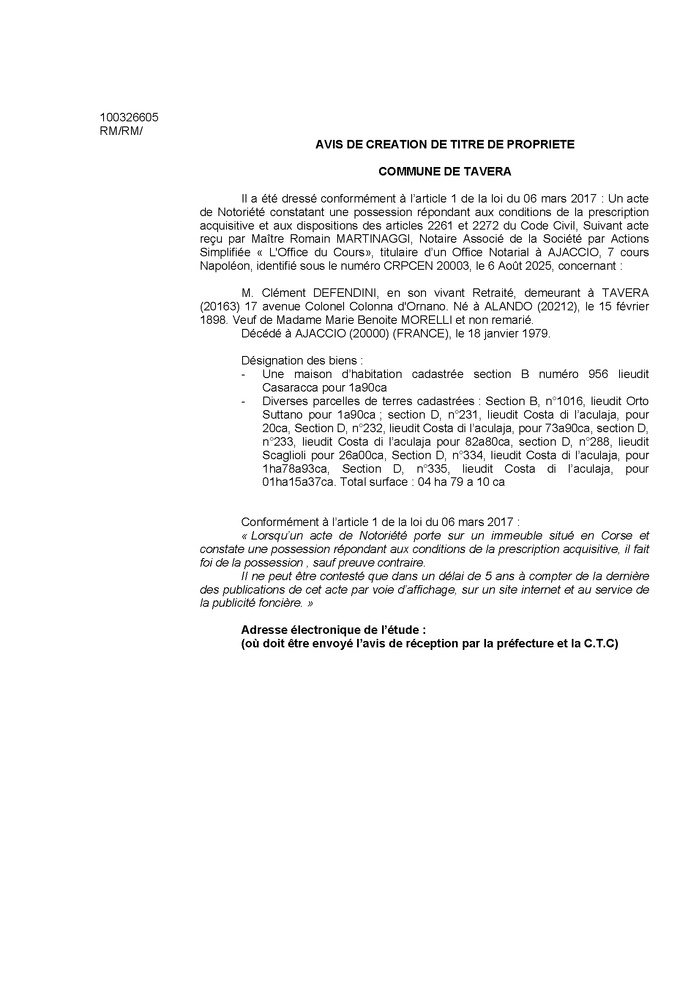 Avis de création de titre de propriété - Commune de Tavera (Pumonti)