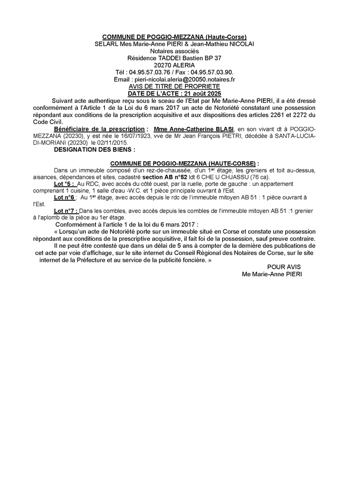 Avis de création de titre de propriété - Commune de Poghju è Mezana (Cismonte) Avis de création de titre de propriété - Commune de Poghju è Mezana (Cismonte)