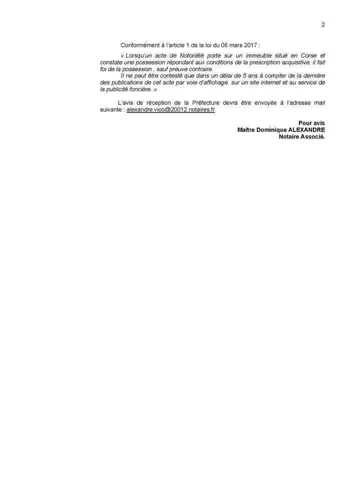 Avis de création de titre de propriété - Commune de Carghjese (Pumonti)