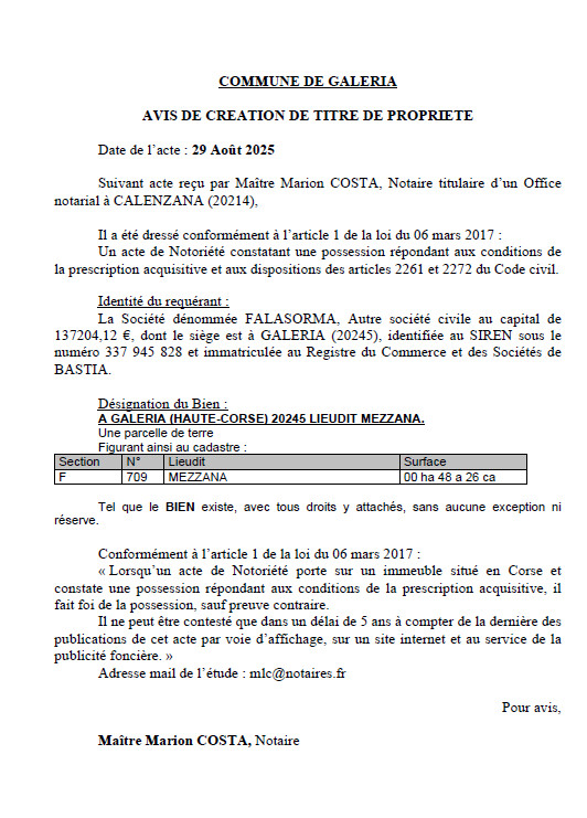 Avis de création de titre de propriété - Commune de Galeria (Cismonte)