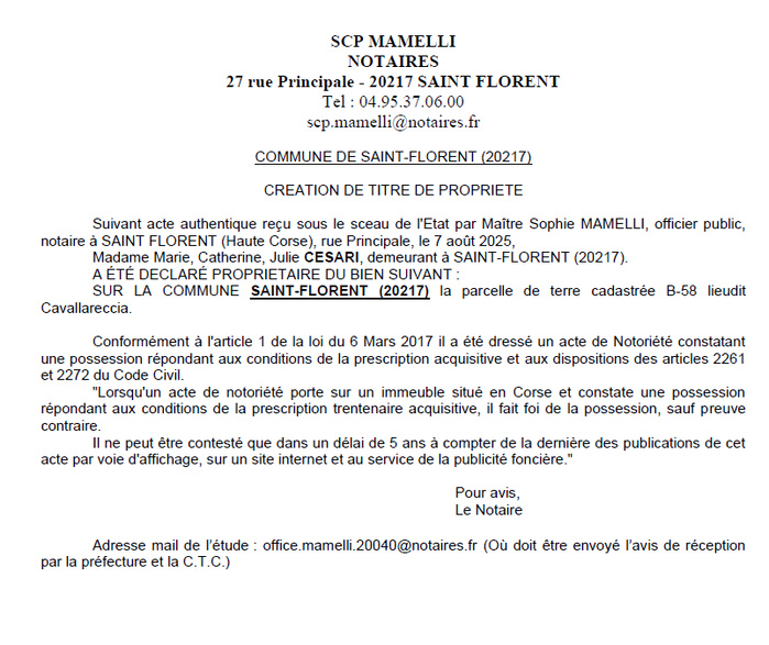Avis de création de titre de propriété - Commune de San Fiurenzu (Cismonte)