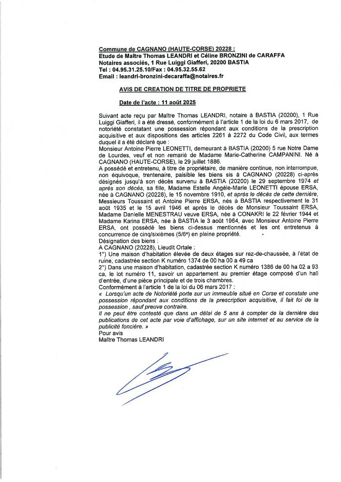 Avis de création de titre de propriété - Commune de Cagnanu (Cismonte)