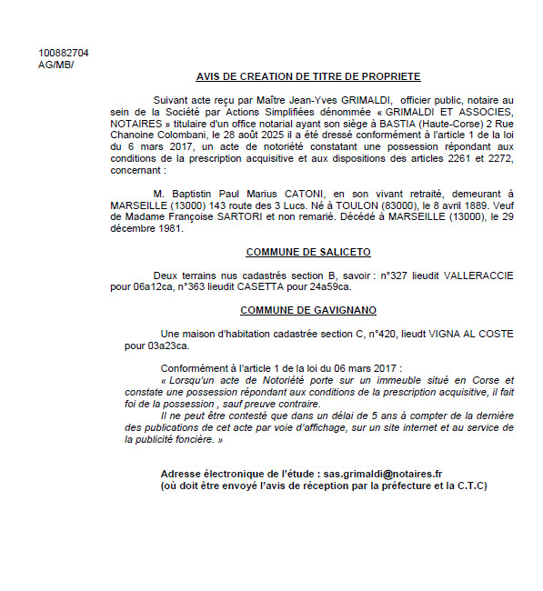 Avis de création de titre de propriété - Communes d'U Salgetu et Gavignanu (Cismonte) Avis de création de titre de propriété - Communes d'U Salgetu et Gavignanu (Cismonte)