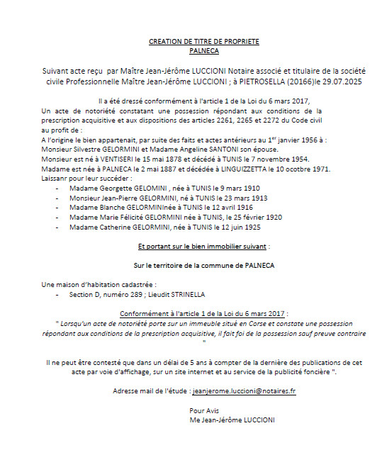 Avis de création de titre de propriété - Commune de Palleca (Pumonti) Avis de création de titre de propriété - Commune de Palleca (Pumonti)
