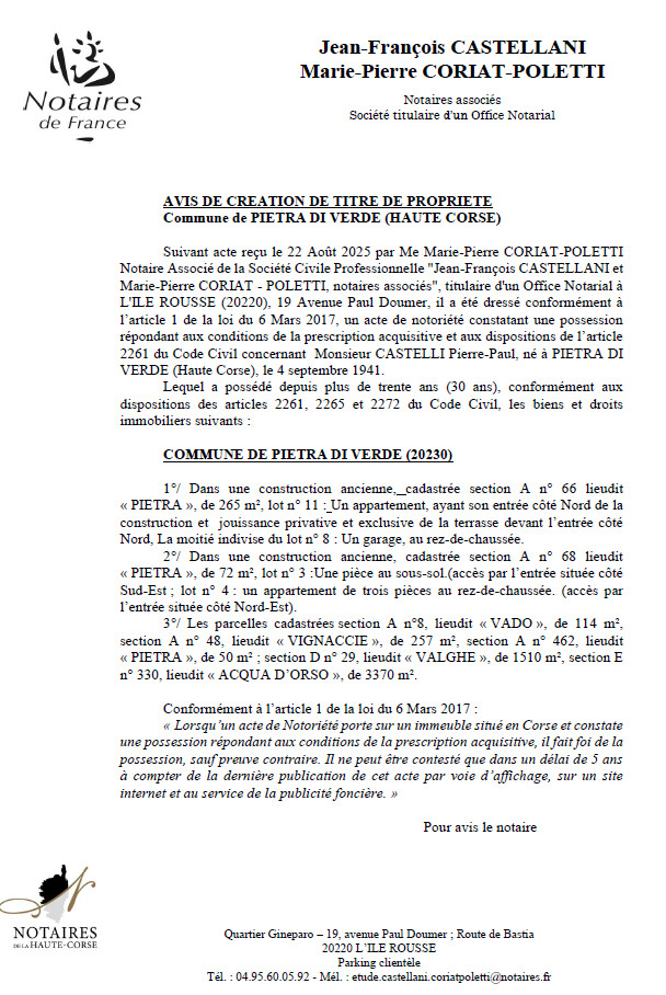 Avis de création de titre de propriété - Commune d'A Petra di Verde (Cismonte) Avis de création de titre de propriété - Commune d'A Petra di Verde (Cismonte)