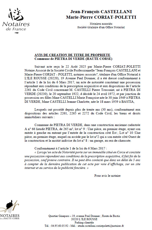 Avis de création de titre de propriété - Commune d'A Petra di Verde (Cismonte)