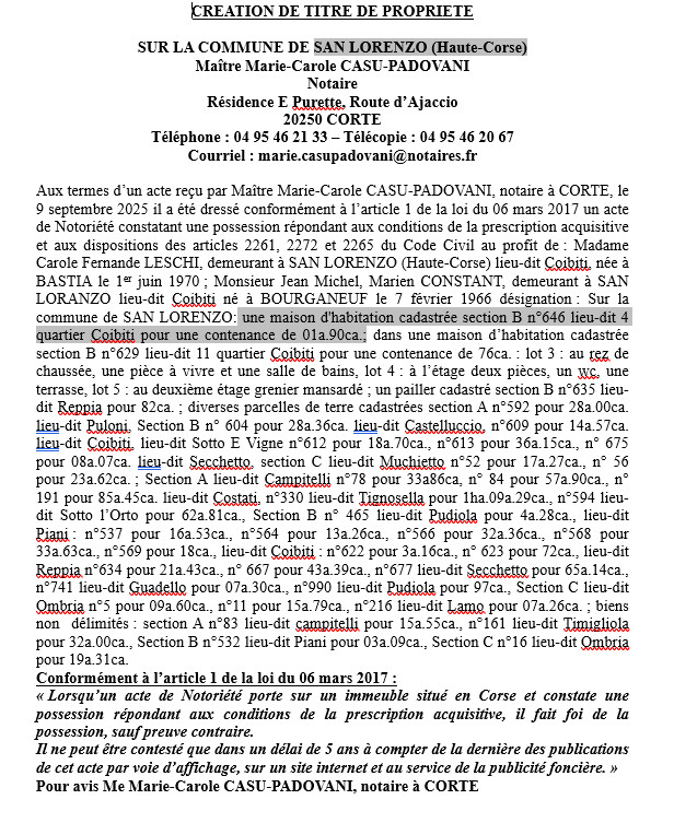 Avis de création de titre de propriété - Commune de San Lorenzu (Cismonte) Avis de création de titre de propriété - Commune de San Lorenzu (Cismonte)