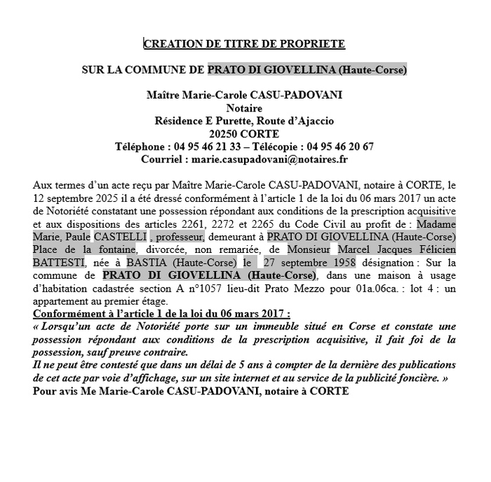Avis de création de titre de propriété - Commune d'U Pratu di Ghjuvellina (Cismonte) Avis de création de titre de propriété - Commune d'U Pratu di Ghjuvellina (Cismonte)