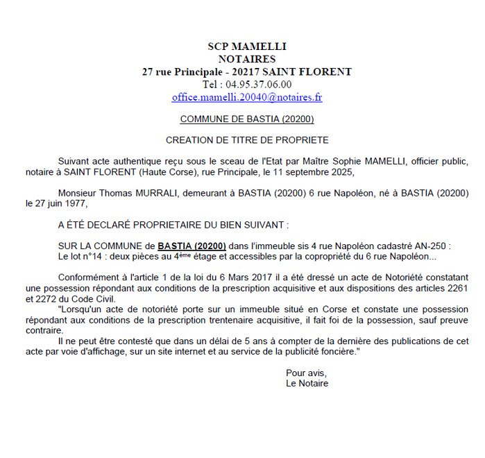 Avis de création de titre de propriété - Commune de Bastia (Cismonte)