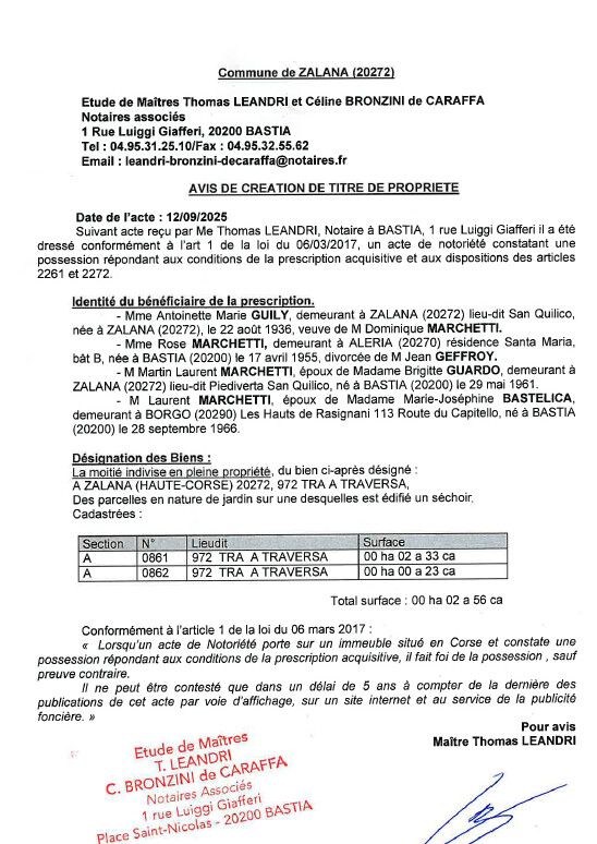Avis de création de titre de propriété - Commune de Zalana (Cismonte)