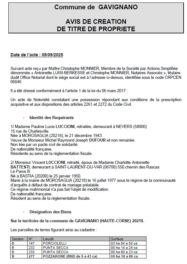 Avis de création de titre de propriété - Commune de Gavignanu (Cismonte)