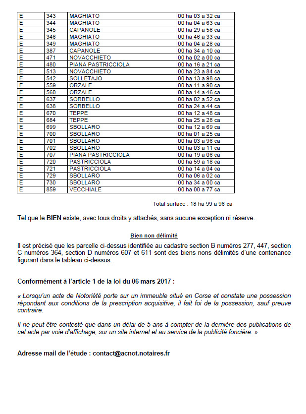 Avis de création de titre de propriété - Commune de Gavignanu (Cismonte)