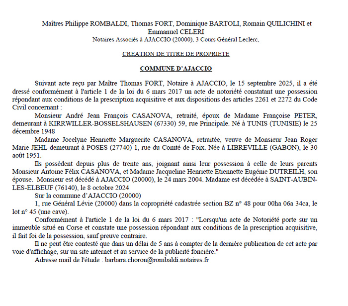 Avis de création de titre de propriété - Commune d'Aiacciu (Pumonti) Avis de création de titre de propriété - Commune d'Aiacciu (Pumonti)