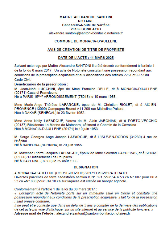 Avis de création de titre de propriété - Commune d'A Munacia d'Auddè (Pumonti)
