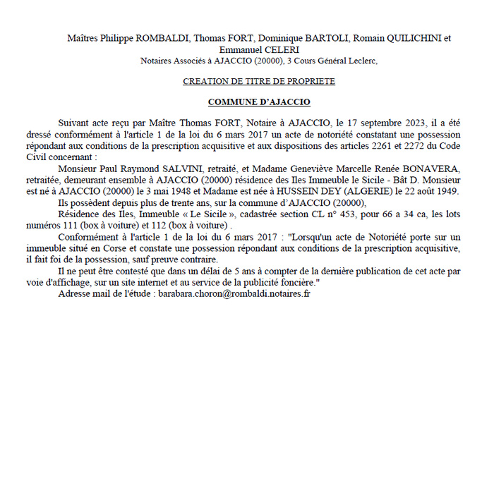 Avis de création de titre de propriété - Commune d'Aiacciu (Pumonti) Avis de création de titre de propriété - Commune d'Aiacciu (Pumonti)