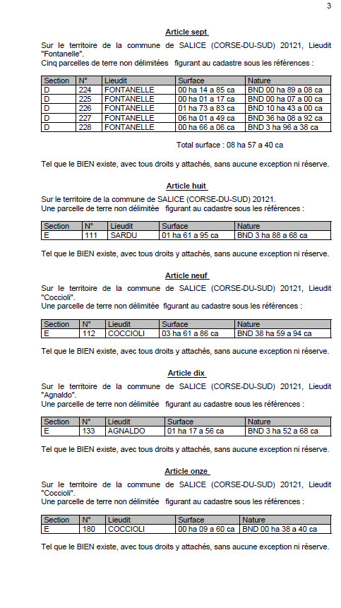 Avis de création de titre de propriété - Commune d'U Salge (Pumonti)