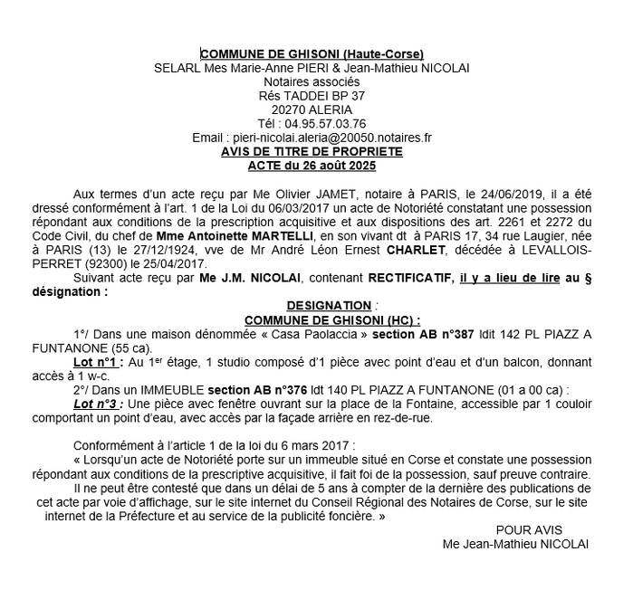 Avis de création de titre de propriété - Commune de Ghisoni (Cismonte)