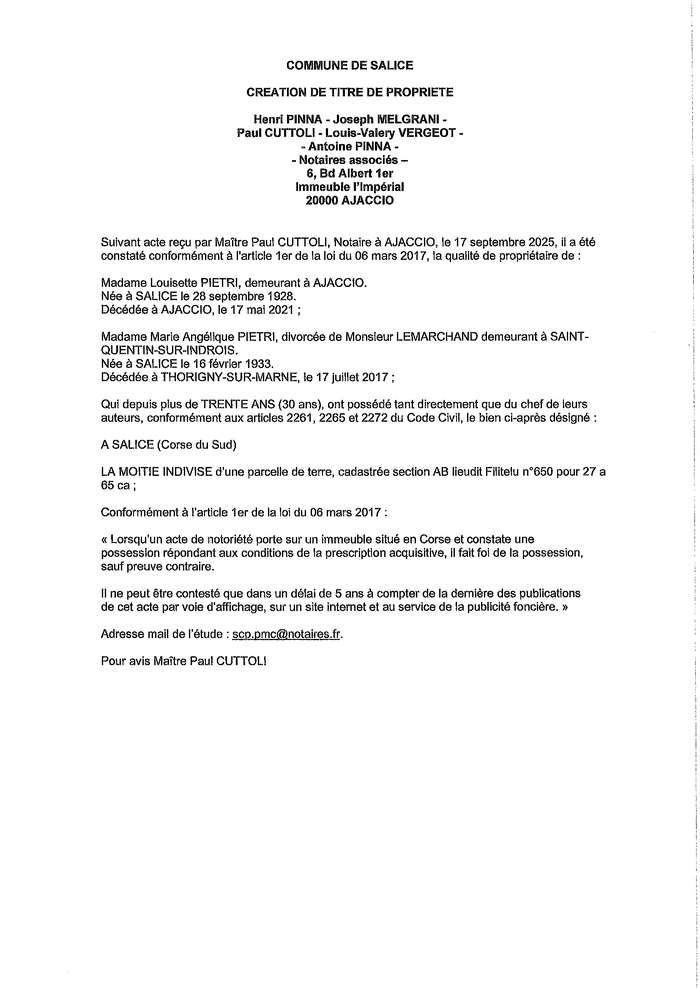 Avis de création de titre de propriété - Commune d'U Salge (Pumonti) Avis de création de titre de propriété - Commune d'U Salge (Pumonti)