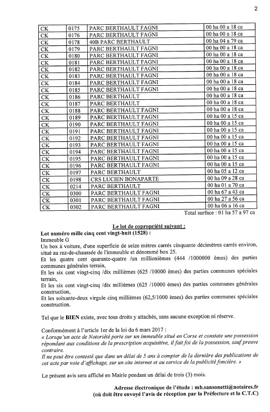 Avis de création de titre de propriété - Commune d'Aiacciu (Pumonti)