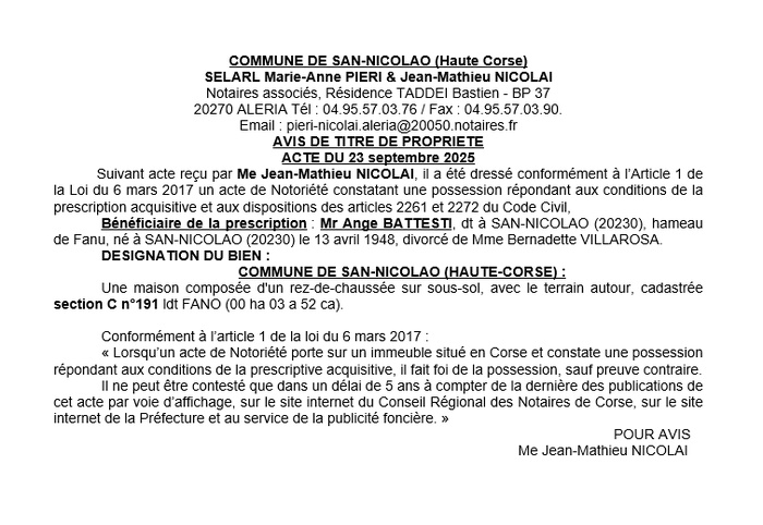 Avis de création de titre de propriété - Commune de Santu Niculaiu (Cismonte) Avis de création de titre de propriété - Commune de Santu Niculaiu (Cismonte)