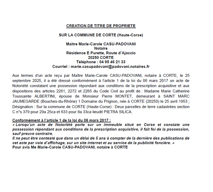 Avis de création de titre de propriété - Commune de Corti (Cismonte) Avis de création de titre de propriété - Commune de Corti (Cismonte)