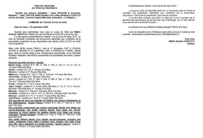 Avis de création de titre de propriété - Commune de Coghja (Pumonti)