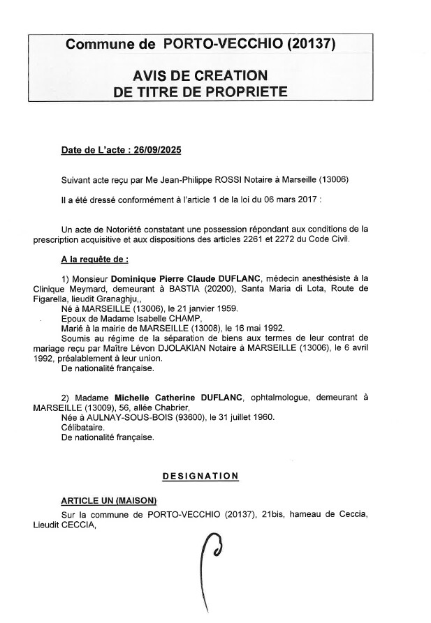Avis de création de titre de propriété - Commune de Portivechju (Pumonti)