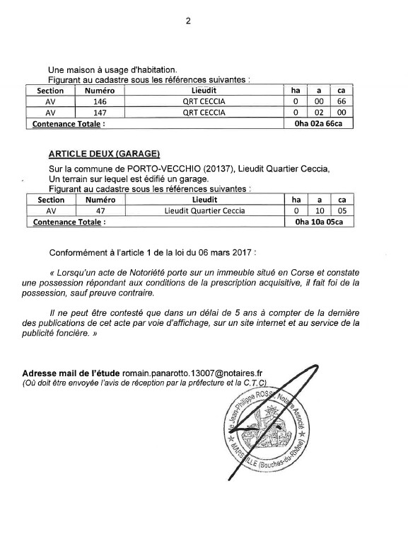 Avis de création de titre de propriété - Commune de Portivechju (Pumonti)