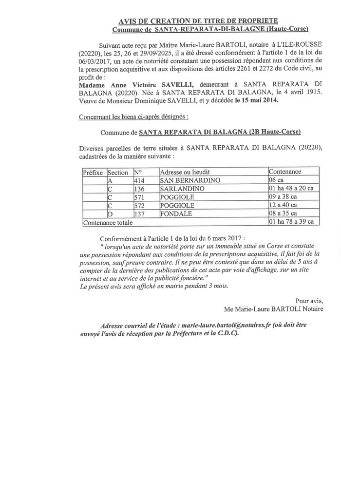 Avis de création de titre de propriété - Commune de Santa Riparata di Balagna (Cismonte)