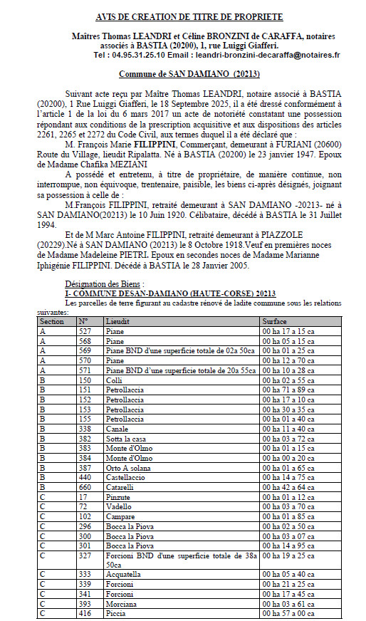 Avis de création de titre de propriété - Commune de San Damianu (Cismonte)