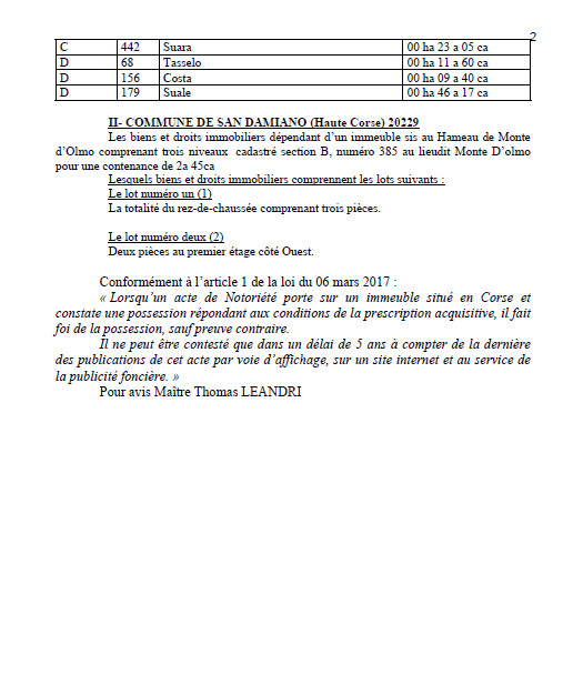 Avis de création de titre de propriété - Commune de San Damianu (Cismonte)