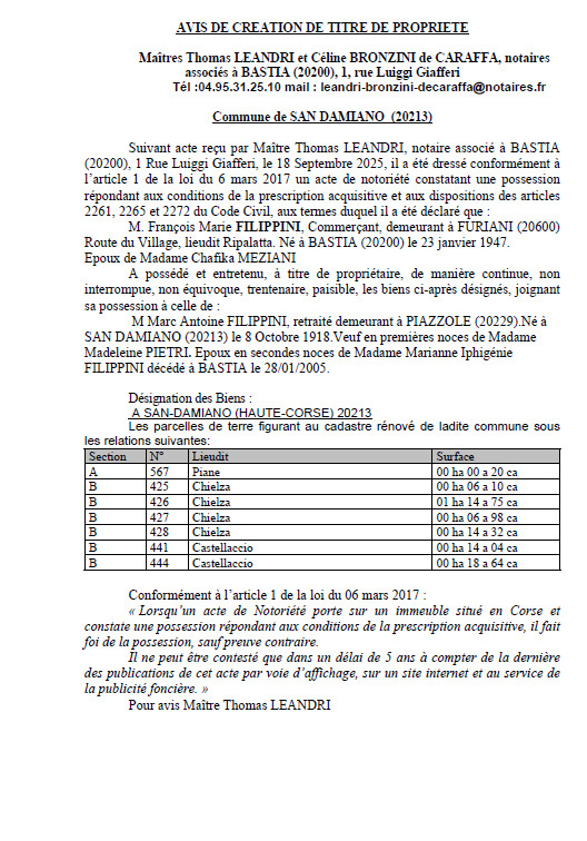 Avis de création de titre de propriété - Commune de San Damianu (Cismonte)